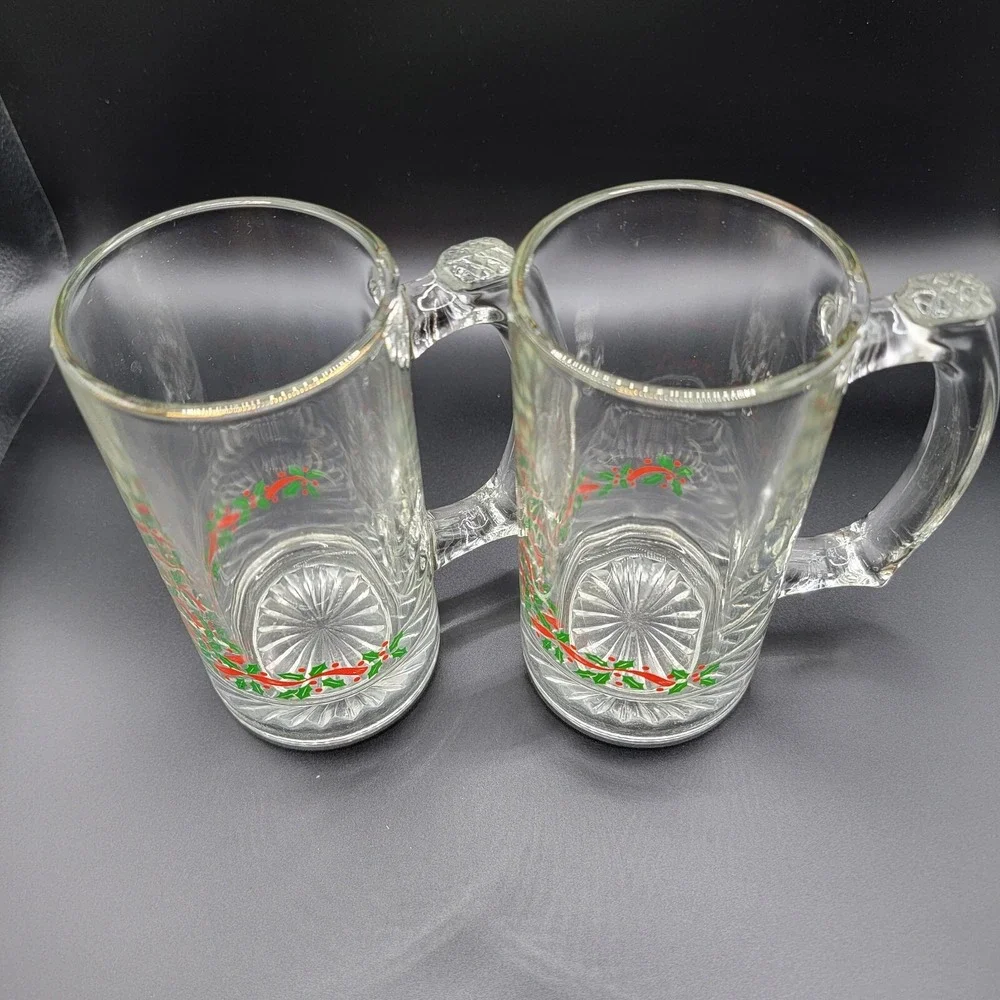 Libbey Glass Irish Beer Mugs Christmas Holly & Ribbon 2 Pieces